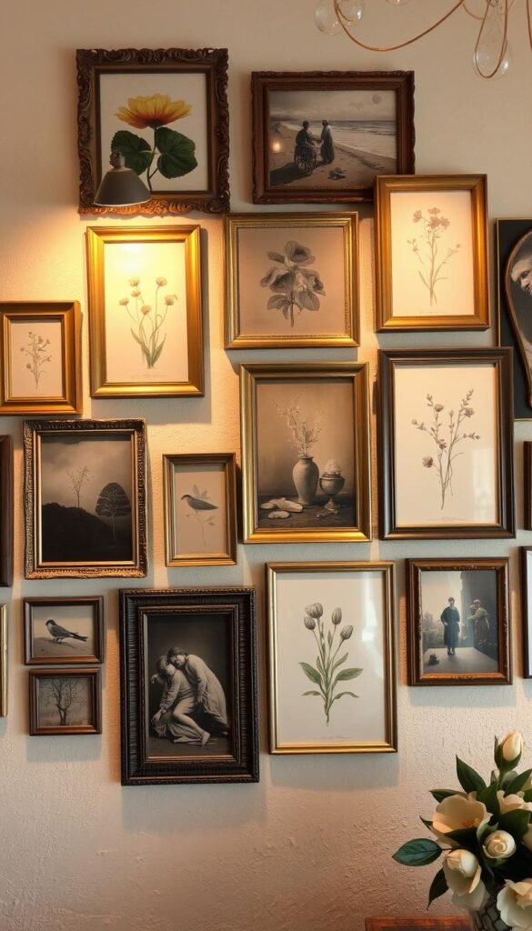 A vintage gallery wall brimming with eclectic charm. Antique gilded frames, weathered wood accents, and a curated collection of artwork from various eras adorn the textured walls. Soft, warm lighting casts a cozy glow, highlighting the distinctive character of each piece. Delicate botanicals, abstract expressionist paintings, and sepia-toned photographs create a visually captivating tapestry. The layout features asymmetrical arrangement, with a harmonious blend of sizes, shapes, and mediums. This inviting, lived-in space exudes a sense of timeless sophistication, perfect for infusing character and personality into an aesthetic space.