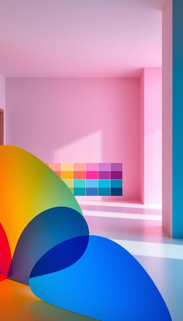 A visually striking color psychology guide, showcasing a vibrant spectrum of hues arranged in a harmonious, balanced composition. The foreground features a series of abstract color shapes, each evoking a distinct mood and emotion. The middle ground presents a carefully curated palette, demonstrating how colors can influence the ambiance of a space. The background offers a serene, minimalist setting, allowing the colors to take center stage. Soft, diffused lighting creates a sense of depth and dimension, while a subtle, dreamlike atmosphere pervades the scene. The overall effect is both educational and visually captivating, inspiring a deeper understanding of how color can shape the aesthetic and emotional experience of any space.