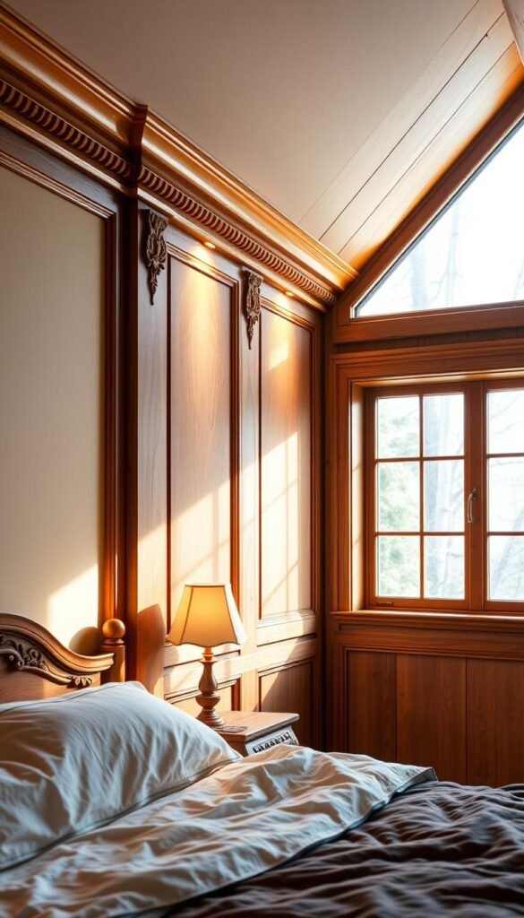 A warm, cozy bedroom with a beautifully crafted wooden wall moulding. The moulding features intricate carvings and a rich, honey-toned finish that complements the natural grain of the wood. Soft, diffused lighting casts a gentle glow, creating a calming ambiance. The moulding frames the room's focal point, a large window that allows natural light to pour in, illuminating the space and highlighting the wooden accents. The overall effect is one of rustic elegance and a seamless integration of nature into the interior design.