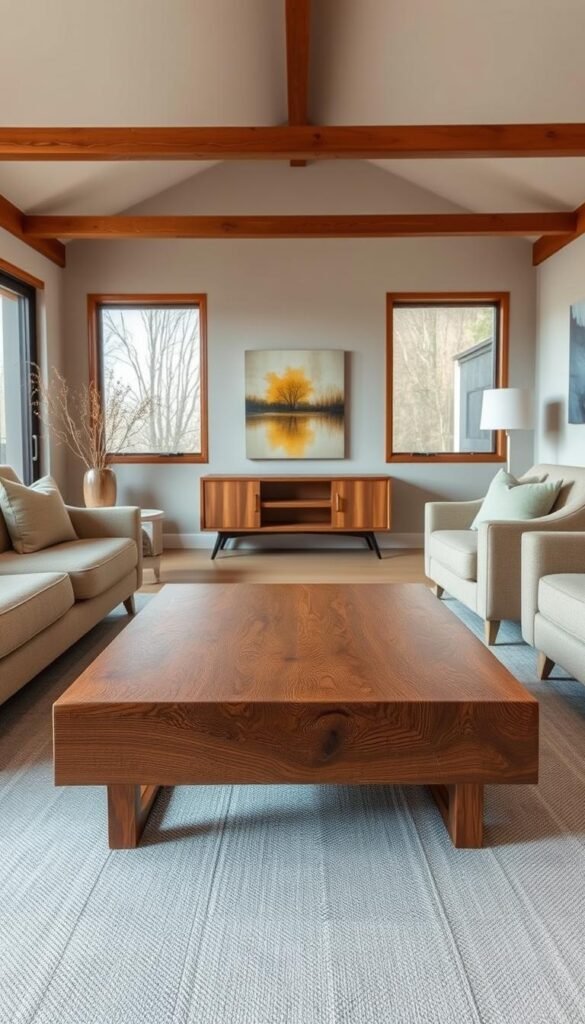 A warm, earthy living room with a focal point of beautifully crafted wood accent furniture. In the foreground, a mid-century modern style coffee table with a sleek, minimalist design and a rich, natural wood grain finish. Surrounding it, two plush, neutral-toned sofas and an armchair, creating a cozy seating area. In the middle ground, a low-profile wood media console with clean lines and tactile wood texture, complementing the coffee table. The background features a large window, allowing natural light to flood the space and accentuate the organic, earthy tones of the wood furnishings. The overall mood is one of modern sophistication and serene, minimalist elegance.