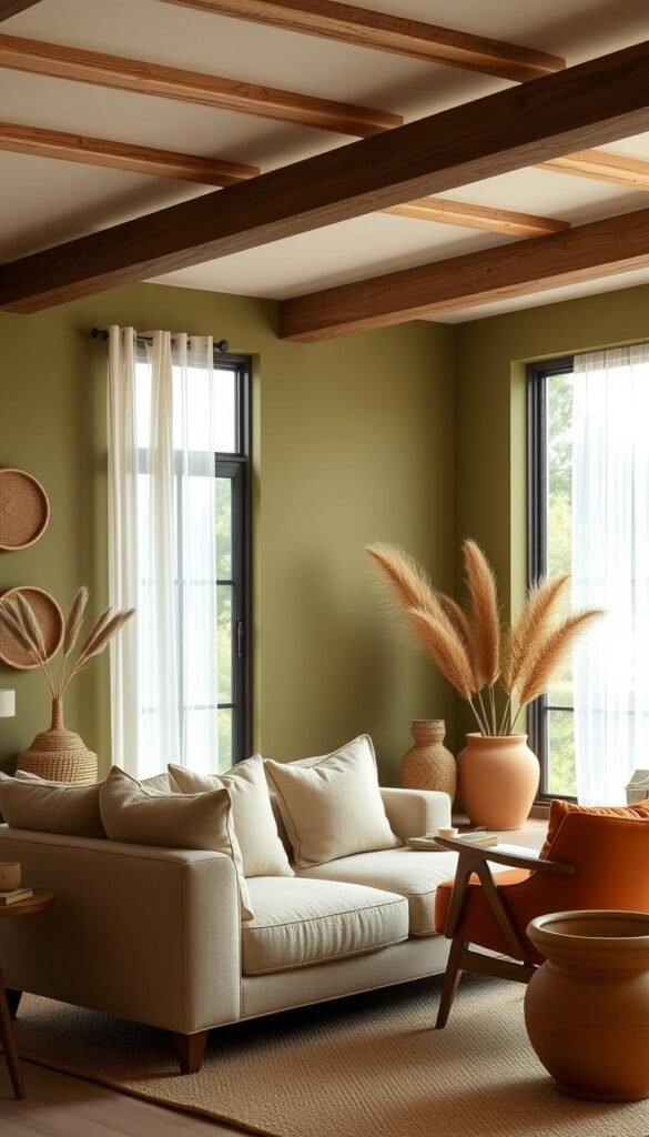 A warm, earthy living room with a soothing color palette. In the foreground, a plush, oatmeal-colored sofa is flanked by two mid-century modern armchairs in a rich terracotta hue. The walls are painted in a muted olive green, complemented by exposed wooden beams and accents of natural materials like woven baskets and terracotta planters. Soft, diffused lighting filters through sheer curtains, casting a gentle glow over the space. In the background, a large window overlooks a lush, verdant landscape, blending the indoor and outdoor spaces. The overall atmosphere is one of calm, comfort, and an organic, minimalist aesthetic.