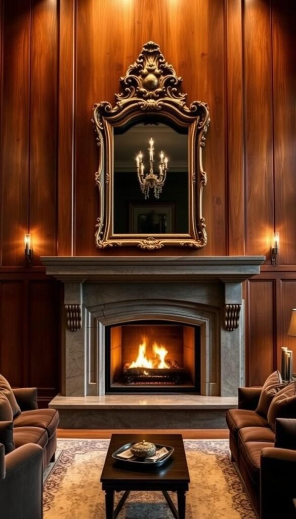 A warm, inviting fireplace with an elegant, polished stone mantel serves as the focal point of a luxurious living room. The fireplace is surrounded by rich, wooden paneling that extends to the high ceiling, creating a cozy and sophisticated ambiance. The room is illuminated by soft, ambient lighting, casting a gentle glow on the space. Plush, velvet furniture in deep, jewel-toned hues complements the rustic yet refined aesthetic, while a ornate, gold-framed mirror above the mantel reflects the flickering flames, adding depth and visual interest to the design. The overall effect is one of timeless elegance and inviting comfort, perfectly suited for a cozy, luxury living room.