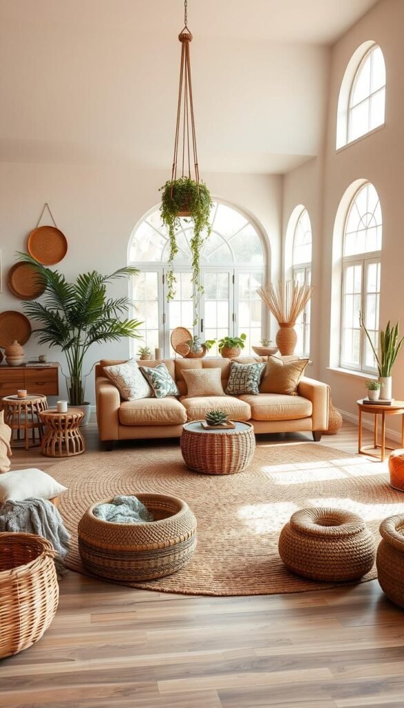 A warm, inviting living room with a blend of modern and boho elements. In the foreground, a plush, oversized sofa with tufted cushions and a mix of patterned throw pillows. Hanging from the ceiling, a macramé plant holder suspends a trailing vine plant. Surrounding the seating area, a collection of rattan and wooden side tables, each adorned with a potted succulent or candle. In the middle ground, a large woven area rug in earthy tones anchors the space. Framing the scene, tall, arched windows allow natural light to flood the room, casting a soft, golden glow. Completing the boho-chic aesthetic, a mix of textures and materials, including woven baskets, textured throws, and burnished metal accents. A warm, inviting living room with a blend of modern and boho elements. In the foreground, a plush, oversized sofa with tufted cushions and a mix of patterned throw pillows. Hanging from the ceiling, a macramé plant holder suspends a trailing vine plant. Surrounding the seating area, a collection of rattan and wooden side tables, each adorned with a potted succulent or candle. In the middle ground, a large woven area rug in earthy tones anchors the space. Framing the scene, tall, arched windows allow natural light to flood the room, casting a soft, golden glow. Completing the boho-chic aesthetic, a mix of textures and materials, including woven baskets, textured throws, and burnished metal accents.