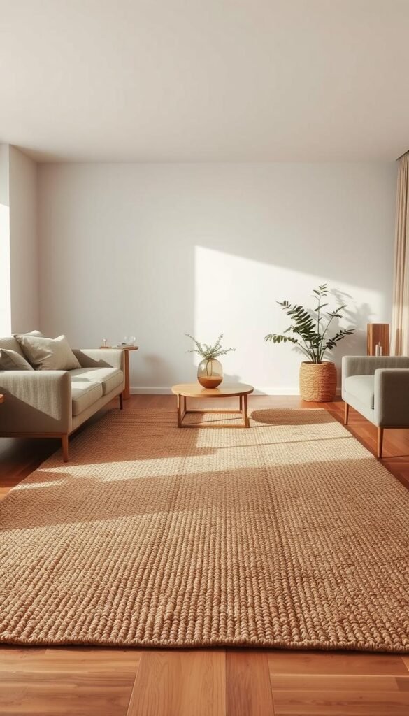 A warm, inviting living room with a large, textural organic rug at the center. The rug is made of natural fibers, with a tactile, earthy weave that grounds the space. Soft, indirect lighting casts a cozy glow, highlighting the rug's rich hues and intricate patterns. The room features minimalist, modern furniture in muted tones, allowing the rug to take center stage as the anchor of the space. Subtle hints of greenery and natural elements complement the organic theme, creating a harmonious, serene atmosphere for an earthy, minimalist living room.