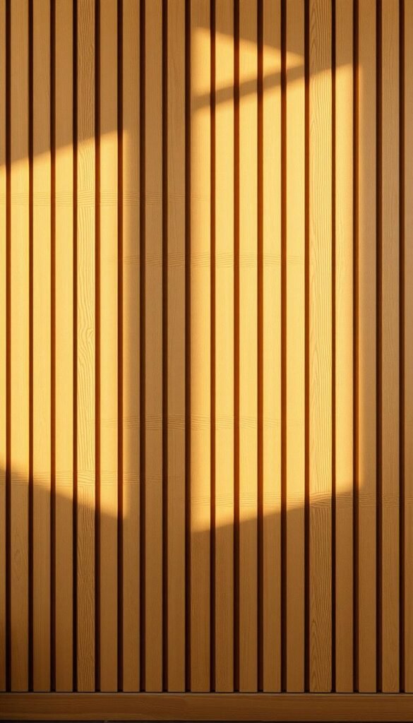 A warm, inviting slatted wood wall design with a natural, rustic charm. Prominent, well-defined wooden slats in a light, honey-toned finish span the frame, casting dramatic shadows and creating a captivating three-dimensional texture. The lighting is soft and diffused, illuminating the wood's rich grain and highlighting its tactile qualities. The composition features a balanced, symmetrical layout that emphasizes the linear patterns, creating a calming, harmonious atmosphere. The camera is positioned to capture the full height of the wall, showcasing its impressive scale and impressive visual impact. Overall, this image evokes a sense of refined elegance and cozy comfort, perfectly complementing the "Luxury TV Wall Ideas for Living Rooms That Wow" theme.