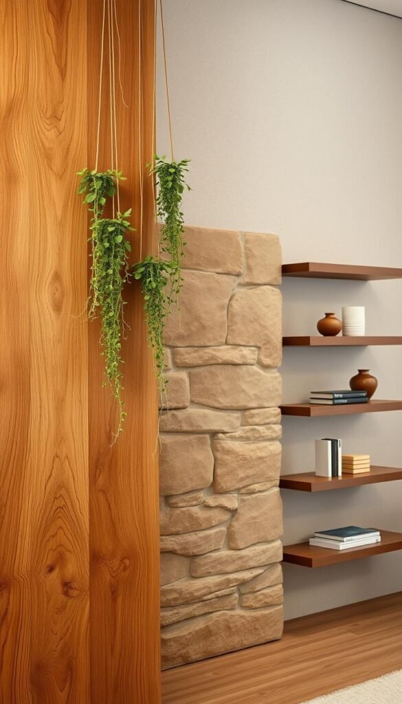 A warm, natural media wall design featuring textured organic materials. In the foreground, a large, rough-hewn wooden panel with intricate grain patterns, its surface subtly undulating. Cascading across the panel, delicate strands of hanging plants, their lush greenery softly trailing down. In the middle ground, a muted earthy-toned stone accent, its rugged surface juxtaposed with sleek, minimalist shelving units displaying artful decor pieces. The background showcases a gently textured neutral wall, evoking the tactile quality of natural plaster or adobe. Soft, diffused lighting creates a cozy, inviting ambiance, highlighting the rich tones and tactile qualities of the natural materials. The overall composition exudes a sense of rustic sophistication and organic harmony.