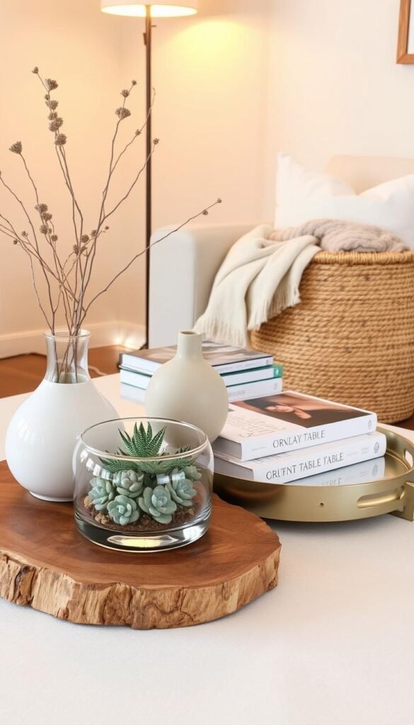A well-curated coffee table display with a mix of materials and textures for visual contrast. In the foreground, a sleek glass terrarium filled with succulents sits atop a rustic wooden tray. Beside it, a ceramic vase holds dried floral stems, their organic shapes complementing the smooth surfaces. In the middle ground, a stack of artful coffee table books rests on a hammered metal tray, adding a metallic sheen. In the background, a woven basket filled with throw blankets and pillows adds softness and warmth to the arrangement. Warm, directional lighting from a floor lamp casts a cozy glow, highlighting the interplay of materials. The overall scene evokes a refined yet inviting ambiance, perfect for elevating the coffee table styling.