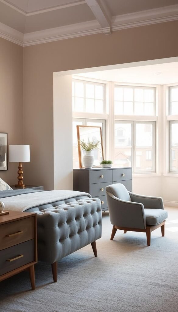 A well-curated selection of gray bedroom furniture pieces, artfully arranged in a bright, airy space. A mid-century modern nightstand with clean lines stands beside a plush, tufted gray upholstered bed frame. Across the room, a minimalist dresser and matching armchair create a harmonious vignette, bathed in warm, natural light filtering through large windows. The overall atmosphere is one of tranquility and refined sophistication, showcasing how thoughtfully chosen gray furniture can elevate the elegance of a bedroom. A well-curated selection of gray bedroom furniture pieces, artfully arranged in a bright, airy space. A mid-century modern nightstand with clean lines stands beside a plush, tufted gray upholstered bed frame. Across the room, a minimalist dresser and matching armchair create a harmonious vignette, bathed in warm, natural light filtering through large windows. The overall atmosphere is one of tranquility and refined sophistication, showcasing how thoughtfully chosen gray furniture can elevate the elegance of a bedroom.