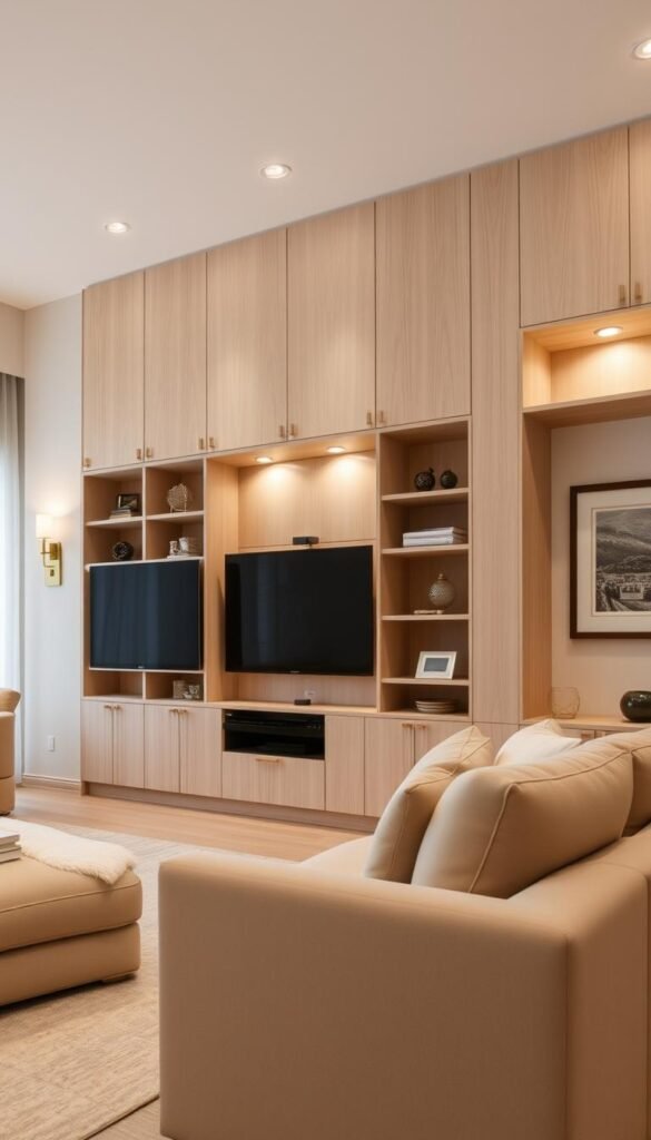 A well-designed, built-in storage system in a serene, neutral-toned living room. The shelves and cabinets are crafted from light wood, seamlessly integrated into the wall, creating a clean, minimalist aesthetic. Soft, diffused lighting from sconces and recessed fixtures gently illuminates the space, casting a warm, cozy glow. The arrangement is symmetrical and balanced, with decorative items and framed artwork tastefully placed to add visual interest. A large, plush sofa and armchair invite relaxation, while the overall atmosphere exudes an air of timeless sophistication and understated elegance. A well-designed, built-in storage system in a serene, neutral-toned living room. The shelves and cabinets are crafted from light wood, seamlessly integrated into the wall, creating a clean, minimalist aesthetic. Soft, diffused lighting from sconces and recessed fixtures gently illuminates the space, casting a warm, cozy glow. The arrangement is symmetrical and balanced, with decorative items and framed artwork tastefully placed to add visual interest. A large, plush sofa and armchair invite relaxation, while the overall atmosphere exudes an air of timeless sophistication and understated elegance.