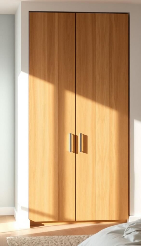 A well-designed custom closet with chic, upgraded doors made of high-quality wood, featuring a smooth finish and sleek, modern handles. The doors are positioned against a clean, minimalist backdrop, bathed in soft, warm lighting that accentuates the natural grain and texture of the wood. The overall scene exudes a sense of elegance and functionality, perfectly complementing the style and aesthetic of a stylish IKEA bedroom.