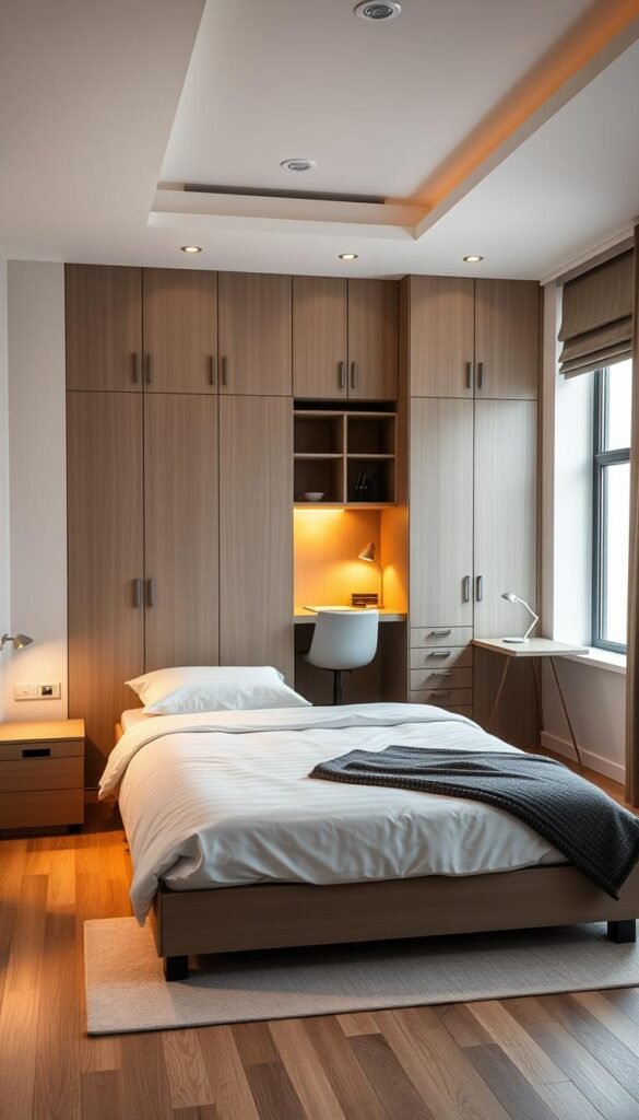 A well-designed single bedroom interior with a strategic furniture layout that maximizes the available space. A minimalist queen-size bed in the foreground, flanked by sleek nightstands with warm task lighting. In the middle ground, a compact desk and chair set up for a home office, positioned to take advantage of natural light from a large window. The background features a closet system with integrated shelving and drawers, offering ample storage solutions. The overall mood is one of functional elegance, with a neutral color palette and clean lines creating a serene and uncluttered ambiance.