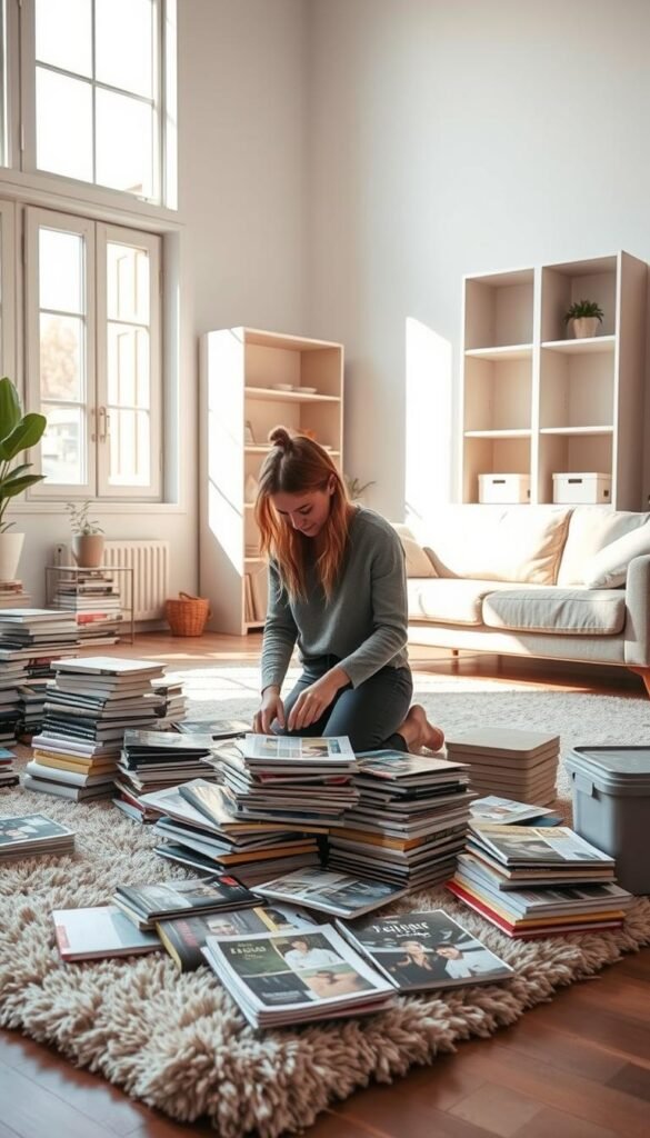 A well-lit, airy living room with minimalist decor. In the foreground, a person kneeling on a plush rug, sorting through stacks of books and magazines, creating piles of items to keep, donate, or discard. Sunlight streams in through large windows, casting a warm glow. The middle ground showcases empty shelves and neatly organized storage containers, ready to hold the decluttered items. The background features a simple, neutral-toned couch and a few potted plants, exuding a sense of tranquility and focus. The overall scene conveys a serene, uncluttered atmosphere, inviting the viewer to experience the joy of a decluttered living space. A well-lit, airy living room with minimalist decor. In the foreground, a person kneeling on a plush rug, sorting through stacks of books and magazines, creating piles of items to keep, donate, or discard. Sunlight streams in through large windows, casting a warm glow. The middle ground showcases empty shelves and neatly organized storage containers, ready to hold the decluttered items. The background features a simple, neutral-toned couch and a few potted plants, exuding a sense of tranquility and focus. The overall scene conveys a serene, uncluttered atmosphere, inviting the viewer to experience the joy of a decluttered living space.