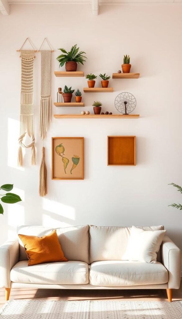 A well-lit, airy room with a cozy, minimalist couch in the foreground. On the wall above the couch, a visually striking arrangement of various creative wall decor alternatives - a mix of macrame hangings, floating shelves displaying potted plants and decorative objects, a delicate metal or wire wall sculpture, and an abstract mural or painted accent wall. The overall vibe is one of natural, organic elegance with a touch of modern flair, inspiring viewers to think beyond traditional framed artwork.
