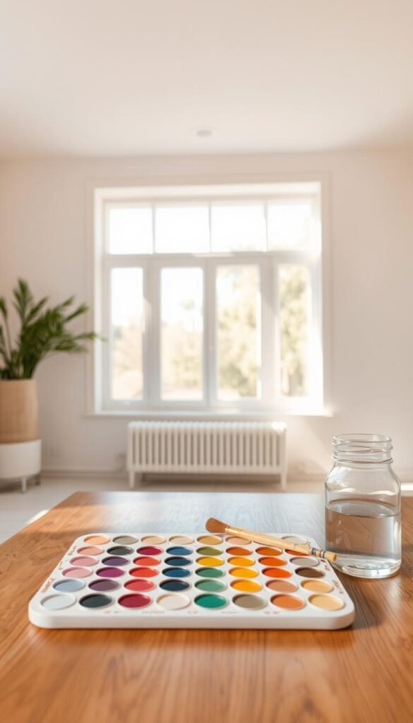 A well-lit, airy room with soft, natural lighting. In the foreground, an artist's palette sits atop a wooden table, showcasing a variety of pastel paint colors. Brushes and a glass jar of water are arranged neatly next to the palette. In the middle ground, large windows let in warm, diffused sunlight, creating a serene and calming atmosphere. The background features neutral-toned walls, creating a minimalist and soothing backdrop. The overall scene conveys a sense of calm, tranquility, and the thoughtful selection of color palettes for a harmonious, "soft and serene" aesthetic.