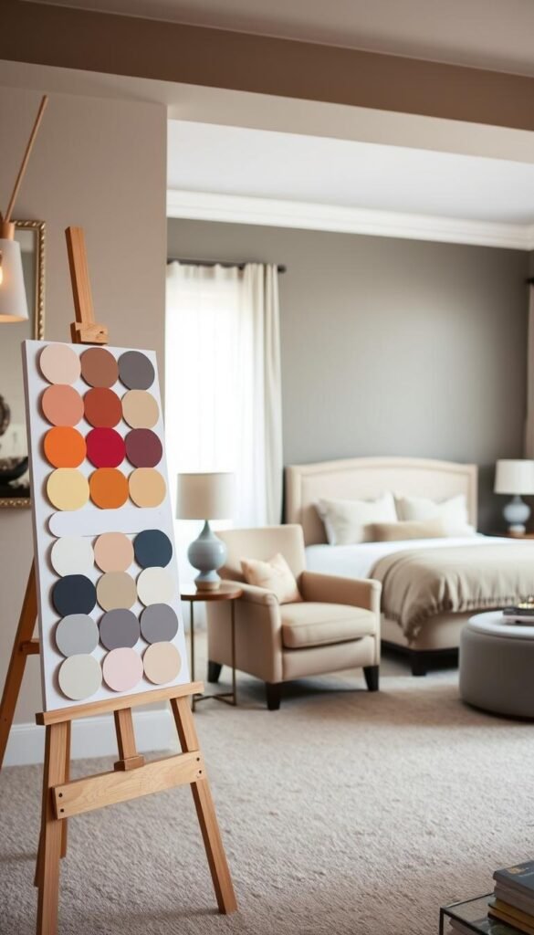 A well-lit bedroom interior with an accent wall showcasing various paint color swatches being tested. The foreground features a wooden easel displaying a series of painted color samples in a range of warm, neutral, and cool tones. In the middle ground, a cozy armchair and side table provide a staging area for more color samples, while the background depicts a tastefully decorated bedroom with a plush bedding set, minimalist furniture, and soft, diffused lighting filtering through sheer curtains.