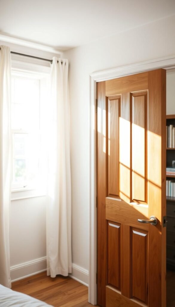 A well-lit bedroom with a wooden door in the foreground. Sunlight streams through a nearby window, casting a warm glow on the door's surface. The door frame is painted in a soft, muted color, inviting the viewer to imagine the perfect paint shade that would complement the room's decor. The door's hardware, such as the knob and hinges, are visible, adding to the attention to detail. The background features a neatly organized bookshelf or dresser, hinting at the room's overall aesthetic. The mood is one of tranquility and thoughtful consideration, encouraging the viewer to envision the transformation a carefully chosen paint color could bring to the bedroom door.
