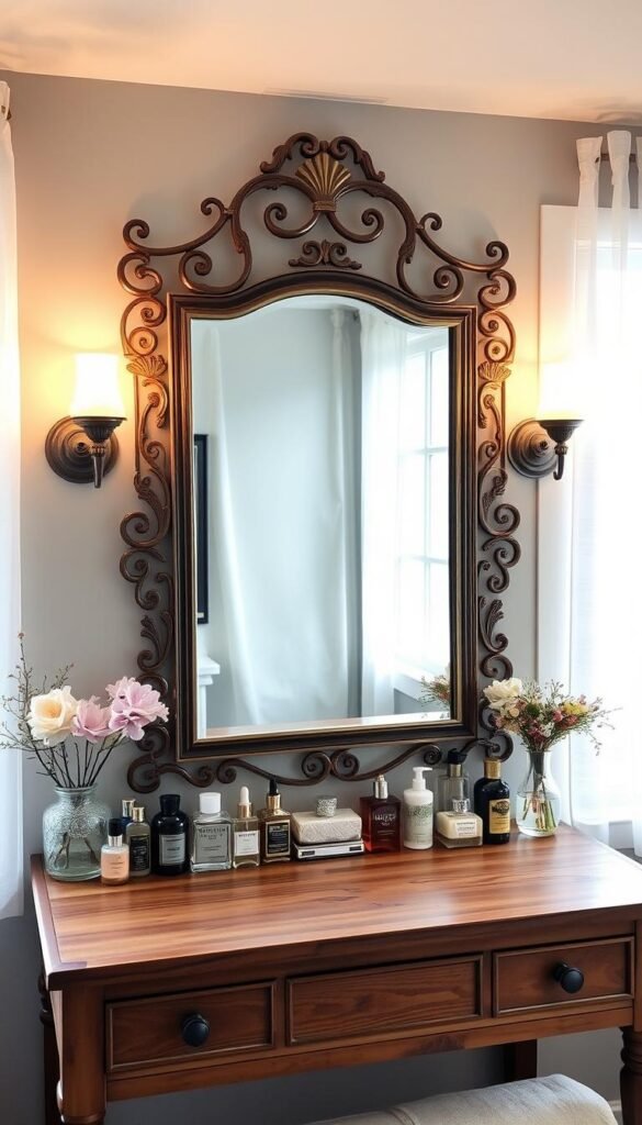 A well-lit, cozy DIY vanity station with a large, ornate mirror in the center. The mirror is framed in intricate, vintage-inspired metalwork, with soft, warm lighting emanating from sconces on either side. The vanity surface is a reclaimed wooden countertop, adorned with a variety of beauty products, perfume bottles, and decorative accents. The overall atmosphere is one of relaxation and indulgence, perfect for a serene morning beauty routine. The space is bathed in soft, diffused natural light from a large window, creating a calming, spa-like ambiance.