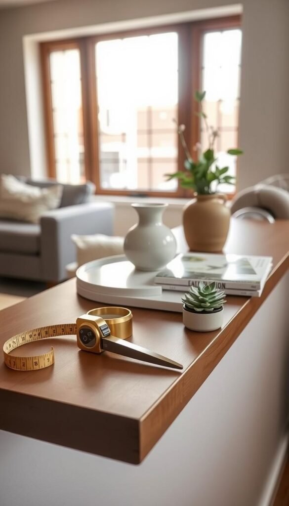 A well-lit floating shelf in a cozy living room, showcasing a carefully curated collection of styling tools. In the foreground, a sleek and modern brass tape measure, a pair of sharp shears, and a small potted succulent rest atop the shelf. The middle ground features a chic marble tray, a minimalist ceramic vase, and a stack of design magazines. In the background, soft natural light filters in through a large window, casting a warm glow over the arrangement. The overall mood is one of refined simplicity and creative inspiration, inviting the viewer to imagine the possibilities of styling this floating shelf.