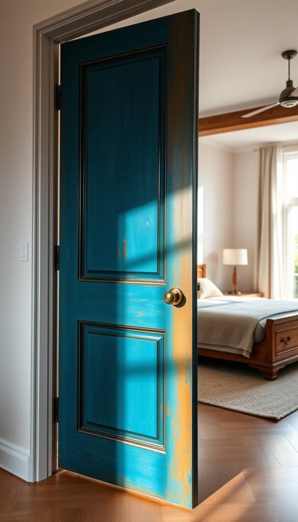 A well-lit, inviting bedroom with a beautifully painted door in the foreground. The door features a vibrant, eye-catching color scheme, perhaps a striking combination of deep blues and warm ochres, with intricate brushwork and a satin finish that catches the light. In the middle ground, a cozy bed and nightstand create a sense of comfort, while the background showcases a serene, minimalist decor with a large window letting in natural light. The overall mood is one of tranquility and sophistication, inspiring the viewer to imagine themselves in this restful, stylish space.