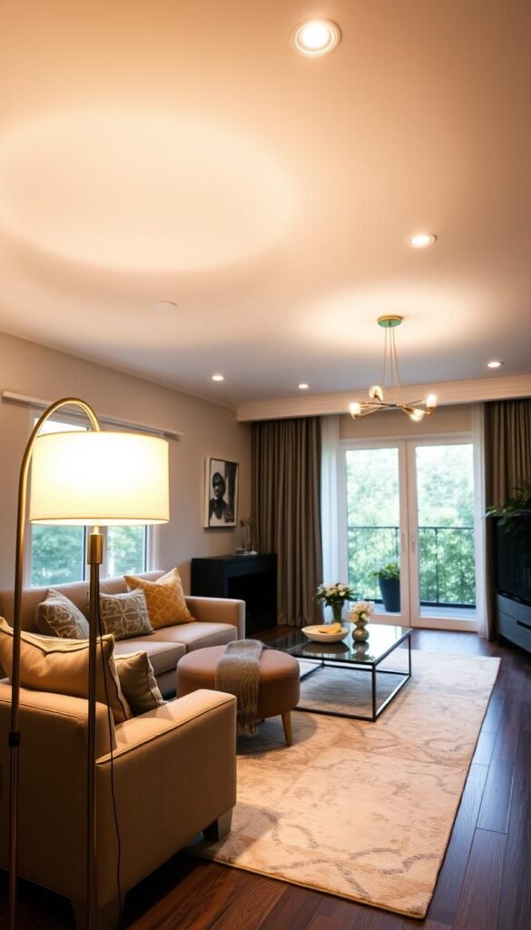 A well-lit living room with a focus on practical lighting placement. In the foreground, a modern floor lamp casts a warm glow, strategically positioned to illuminate a cozy reading nook. In the middle ground, recessed ceiling lights provide ambient illumination, complementing the natural light streaming in through large windows. The background features a sleek chandelier above a stylish coffee table, creating a harmonious layering of light sources. The overall atmosphere exudes elegance and functionality, showcasing how thoughtful lighting choices can enhance the living space.