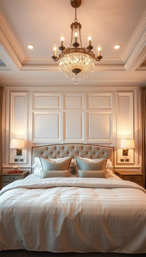 A well-lit, luxurious bedroom with a focal wall featuring elegant panel moulding. The moulding creates a structured, sophisticated grid pattern that adds depth and architectural interest. Warm, soft lighting from sconces and a chandelier cast a cozy glow, complementing the neutral color palette of creams, grays, and browns. Plush textiles, like a velvet headboard and linen bedding, enhance the serene, high-end ambiance. A large window allows natural light to stream in, illuminating the detailed moulding. The overall scene conveys a sense of timeless elegance and relaxation.