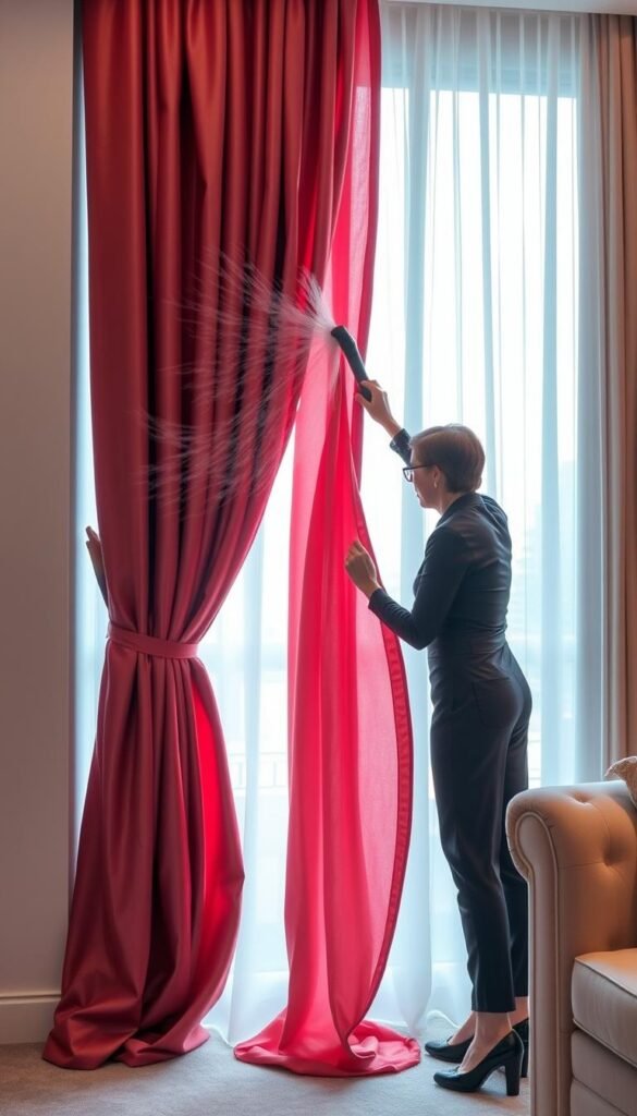 A well-lit, luxury home interior with a large window, showcasing an elegant, floor-length curtain made of high-quality, flowing fabric in a rich, jewel-toned color. A person, dressed in professional attire, is gently dusting and steaming the curtain, maintaining its pristine appearance. The scene exudes a sense of refinement and attention to detail, with soft, diffused lighting accentuating the delicate folds and texture of the curtain. The composition emphasizes the importance of proper curtain care in preserving the luxury and beauty of the living space.