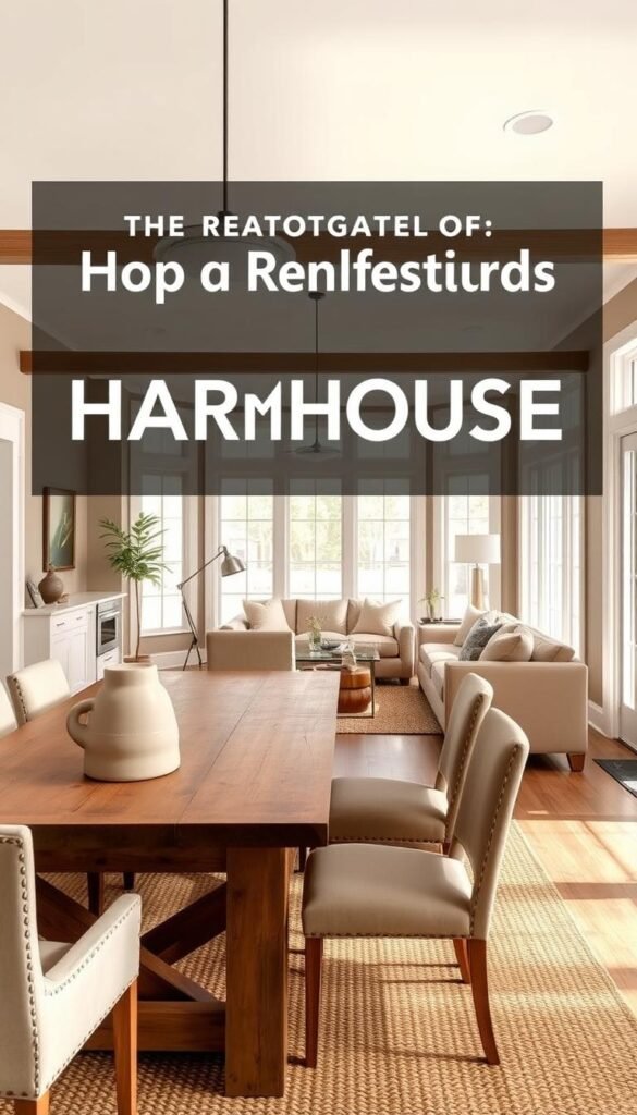 A well-lit, modern farmhouse-style interior with a mix of neutral and earthy paint colors showcased on the walls. The foreground features a large, rustic wooden farmhouse table surrounded by comfortable, upholstered chairs. The middle ground has a cozy seating area with a plush sofa and armchairs in muted tones, complemented by a woven area rug. The background showcases large windows allowing natural light to flood the space, accentuating the warm, inviting atmosphere. The overall palette includes soft whites, taupes, greiges, and subtle blues or greens, reflecting the top-rated modern farmhouse aesthetic.