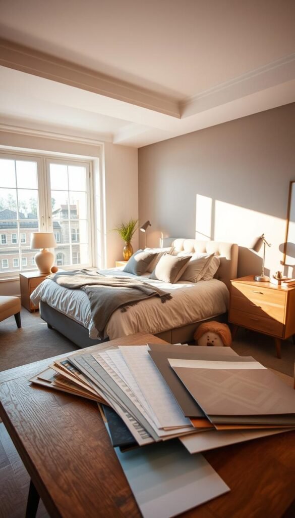A well-lit, spacious bedroom interior with a focus on wallpaper selection and room layout. The foreground features a large, neatly made bed with plush bedding and accent pillows. In the middle ground, an assortment of wallpaper samples and color swatches are displayed on a wooden table, showcasing various patterns and textures. The background depicts a neutral-toned wall, allowing the wallpaper options to take center stage. Warm, natural lighting filters in through large windows, creating a cozy and inviting atmosphere. The overall composition emphasizes the importance of careful consideration when choosing the right wallpaper to complement the size and style of the bedroom.