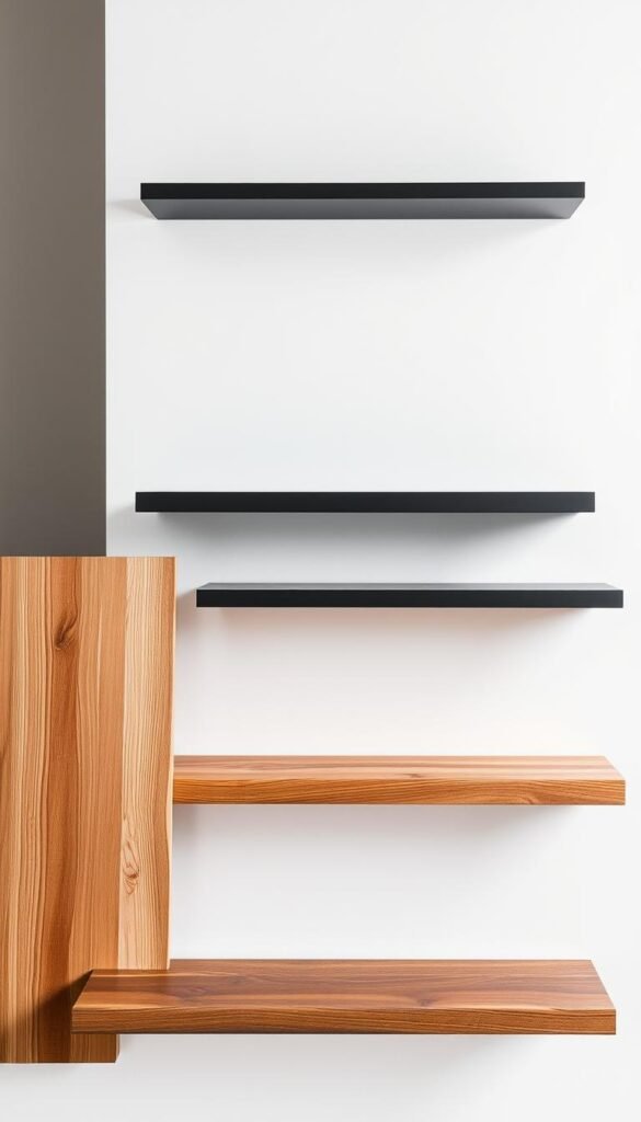 A well-lit studio scene showcasing a variety of floating shelf materials. In the foreground, an assortment of wood planks in different grains and finishes - oak, maple, and walnut - hover effortlessly against a crisp white backdrop. In the middle ground, sleek metal shelves in matte black and brushed silver reflect the soft, even lighting. Subtle shadows cast below each shelf create a sense of depth and weightlessness. In the background, a subtle textured wall complements the materials, hinting at the broader aesthetic possibilities for a bedroom setting. The overall mood is one of refined minimalism, allowing the unique qualities of each shelf material to shine.