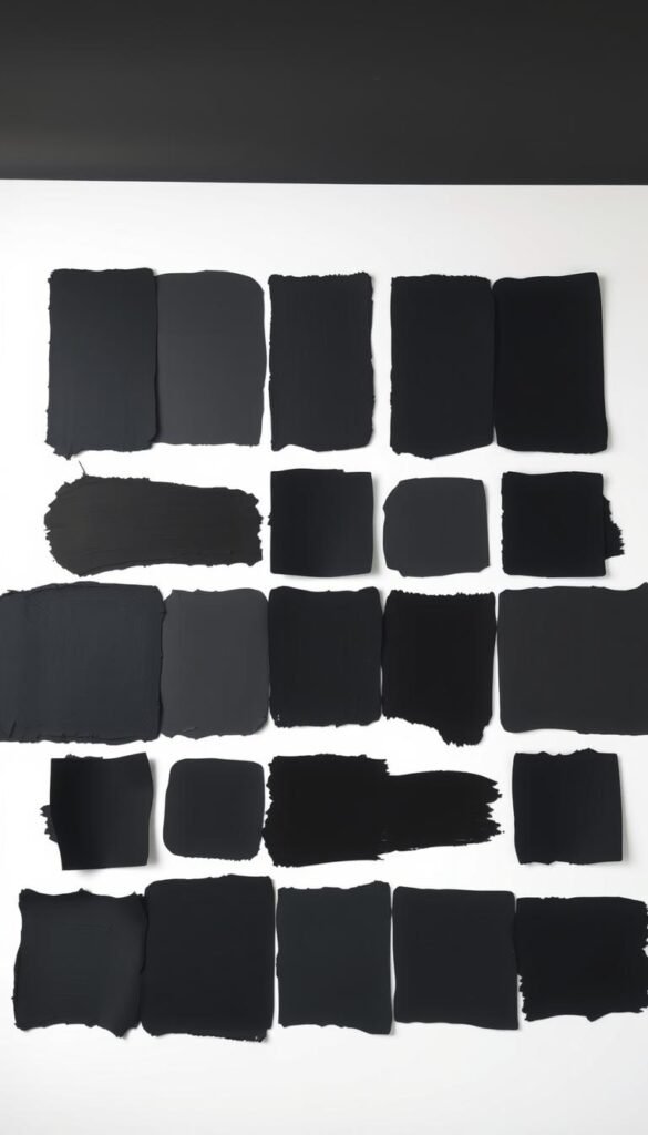 A well-lit studio setting featuring a variety of black paint color samples displayed on a clean white background. The samples are neatly arranged in a grid formation, showcasing a range of black hues from deep onyx to charcoal grey. The lighting is soft and diffused, highlighting the subtle variations in tone and texture within each sample. The overall mood is sophisticated and elegant, conveying the timeless allure of black paint. The camera angle is slightly elevated, allowing for a clear, unobstructed view of the paint samples.