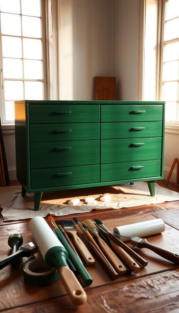 A well-lit studio setting with a mid-century modern-style dresser being carefully painted with a high-gloss, forest green hue. The brushstrokes are even and precise, creating a flawless, high-end finish. Warm, diffused lighting from large windows bathes the scene, accentuating the depth and texture of the wood grain. In the foreground, an array of high-quality paint brushes, rollers, and painter's tape sit neatly arranged, ready for the next step of the transformation. The overall atmosphere is one of thoughtful, intentional craftsmanship, elevating a simple IKEA piece into a sophisticated, designer-quality furnishing.