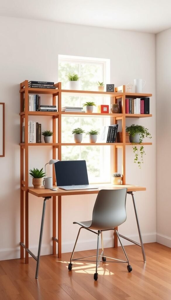 A wooden ladder desk with vertical shelving in a bright, airy room. The desk is positioned against a white wall, with natural light streaming in from a large window. The shelves above the desk provide ample storage space for books, plants, and decor. The desk has a clean, minimalist design with a sleek wooden top and metal legs. A comfortable office chair completes the setup, creating a productive yet visually appealing workspace. The scene conveys a sense of organization and inspiration, perfect for a creative professional in a Pinterest-worthy bedroom office.