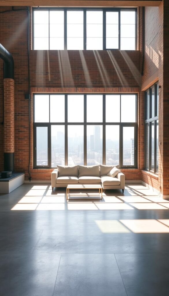 An airy, modern industrial loft living room filled with natural light streaming through large, floor-to-ceiling windows. The space is bathed in a soft, warm glow, with minimal furniture and decor allowing the architectural details to shine. Sunlight dances across the exposed brick walls and polished concrete floors, creating a tranquil, effortlessly cool atmosphere. The windows frame a serene city skyline in the distance, blurring the boundaries between indoors and out. A minimalist, L-shaped sofa and a low-profile coffee table sit centered in the room, inviting relaxation and quiet contemplation. The overall effect is one of simplicity, light, and open space - a living room that feels both stylish and calming.