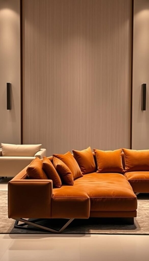 An elegant contemporary living room with a central focus on two distinct sofa configurations - a sleek, minimalist standard sofa and a modular, L-shaped sectional sofa. The standard sofa is crafted from high-quality, light-colored leather, with clean lines and a low profile. The sectional sofa features plush, deep-seated cushions in a rich, warm shade of brown, complemented by angular, polished metal legs. Both sofas are bathed in warm, diffused lighting, creating a cozy and inviting atmosphere. The background showcases a neutral-toned feature wall, accentuated by subtle, geometric wall decor, lending a sense of refined sophistication to the space.