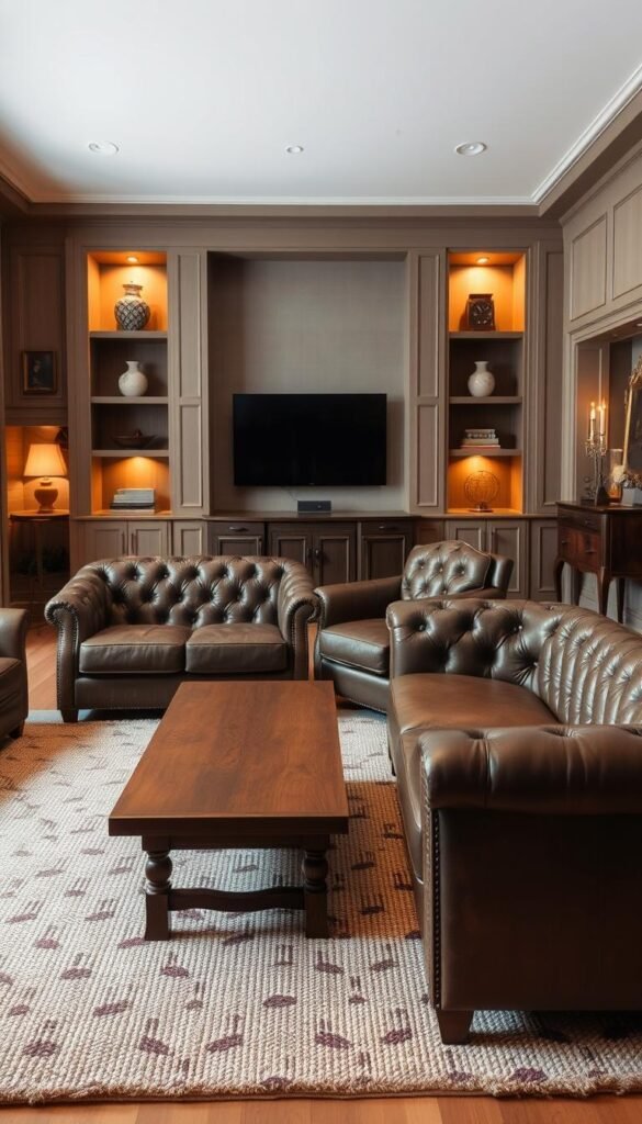 An elegant living room filled with timeless, high-quality furniture pieces. In the foreground, a plush, tufted leather sofa and matching armchair in a rich, muted tone sit atop a thick, hand-woven area rug. In the middle ground, a solid oak coffee table with a smoothly polished surface reflects the warm, ambient lighting. Along the walls, built-in shelves display carefully curated decorative objects, including a pair of ceramic vases, a brass candlestick, and an antique clock. The overall atmosphere is one of refined sophistication and quiet luxury, with a focus on natural materials, muted colors, and minimalist design.