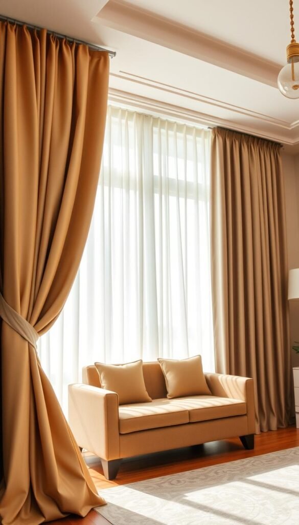An elegant living room interior with a large window. In the foreground, a luxurious curtain with a pleated header cascades gracefully, its folds creating a visually striking silhouette. In the middle ground, a curtain with a rod pocket header hangs neatly, its clean lines complementing the room's sophisticated decor. In the background, a curtain with metal grommets at the top adds a touch of industrial chic, the light filtering through the fabric's sheer panels. The lighting is soft and warm, casting a cozy ambiance throughout the space. The camera angle is slightly elevated, capturing the curtains' intricate details and the overall harmony of the room's design.
