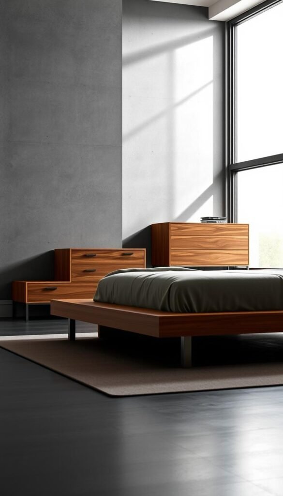 An elegant, minimalist bedroom set with clean lines and a masculine aesthetic. In the foreground, a solid wood platform bed with a low profile and sleek metal accents. Positioned against a muted, textured wall in shades of gray. In the middle ground, a matching dresser and nightstands crafted from the same warm-toned wood, their simple silhouettes accentuated by subtle shadow play from the carefully directed lighting. The background features a large window, allowing natural light to filter in and create a soft, inviting ambiance. The overall mood is one of understated sophistication and refined masculinity. An elegant, minimalist bedroom set with clean lines and a masculine aesthetic. In the foreground, a solid wood platform bed with a low profile and sleek metal accents. Positioned against a muted, textured wall in shades of gray. In the middle ground, a matching dresser and nightstands crafted from the same warm-toned wood, their simple silhouettes accentuated by subtle shadow play from the carefully directed lighting. The background features a large window, allowing natural light to filter in and create a soft, inviting ambiance. The overall mood is one of understated sophistication and refined masculinity.