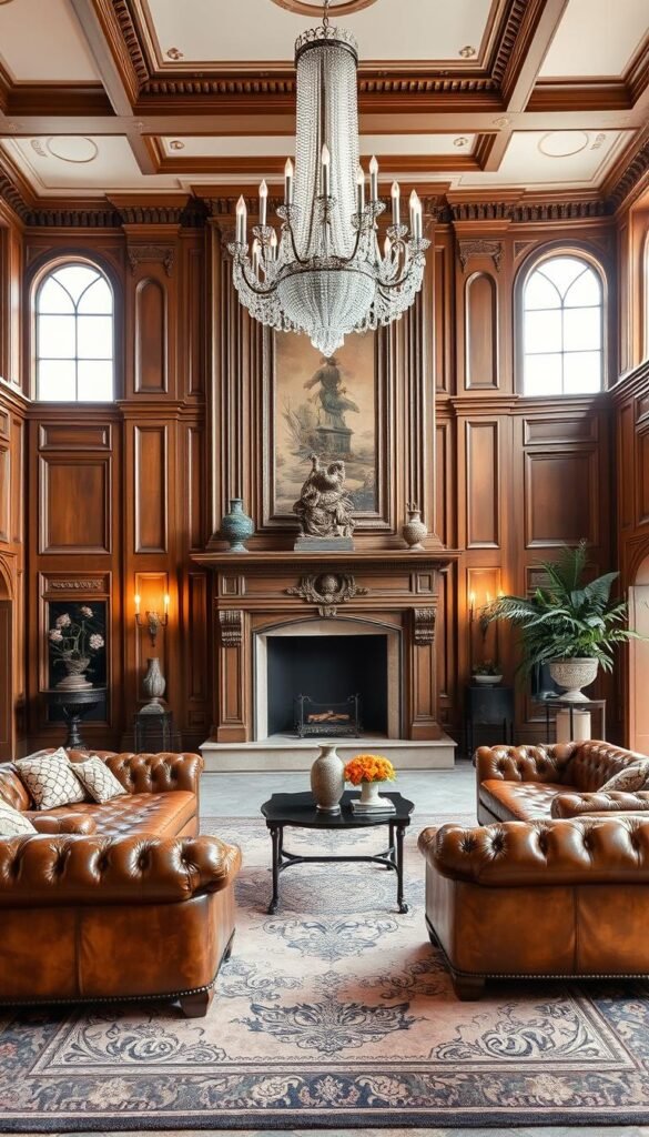 An elegant, spacious living room with a striking focal point - a grand, ornate fireplace surrounded by intricate moldings and rich, wood-paneled walls. Plush, tufted leather furniture in a deep, burnished cognac hue creates an inviting seating area, while a large, ornate area rug in muted earth tones grounds the space. Overhead, a majestic crystal chandelier casts a warm, ambient glow, illuminating the room. Tall, arched windows allow natural light to flood in, creating a bright, airy atmosphere. Carefully curated decor, such as ornate vases, antique sculptures, and lush potted plants, add layers of visual interest and a sense of timeless sophistication.