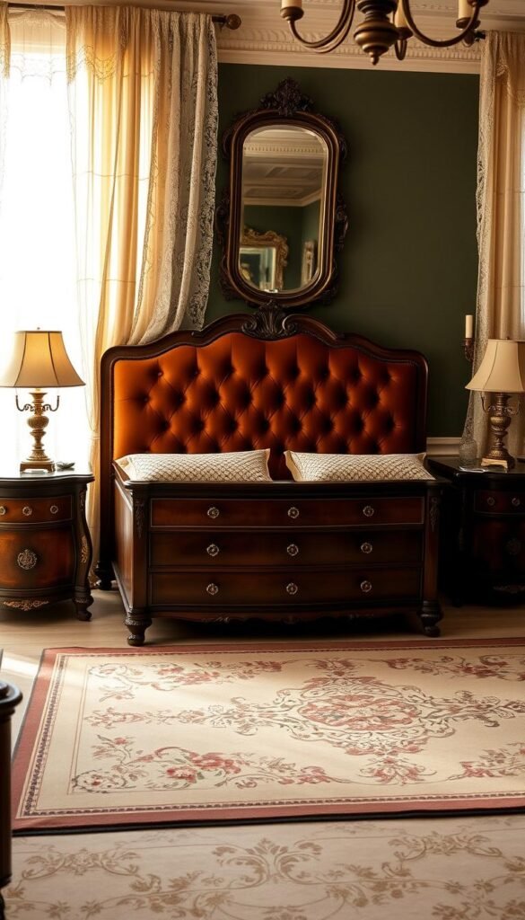 An elegant vintage bedroom filled with timeless design elements. A plush tufted headboard in a rich velvet fabric takes center stage, complemented by ornate wooden nightstands with brass detailing. Soft, warm lighting filters through lace curtains, casting a cozy glow over the scene. A delicate floral area rug grounds the space, while antique brass sconces and a vintage mirror above the dresser add touches of refined sophistication. The overall atmosphere evokes a sense of refined, classic charm that would elevate any masculine bedroom. An elegant vintage bedroom filled with timeless design elements. A plush tufted headboard in a rich velvet fabric takes center stage, complemented by ornate wooden nightstands with brass detailing. Soft, warm lighting filters through lace curtains, casting a cozy glow over the scene. A delicate floral area rug grounds the space, while antique brass sconces and a vintage mirror above the dresser add touches of refined sophistication. The overall atmosphere evokes a sense of refined, classic charm that would elevate any masculine bedroom.