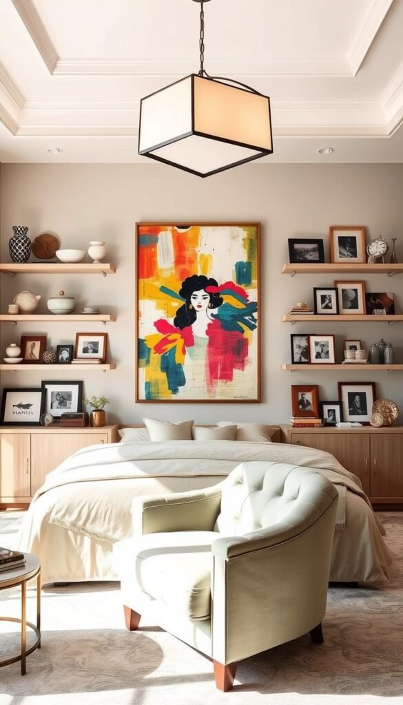 An elegant yet cozy bedroom, filled with a curated collection of art and personal decor. In the foreground, a statement piece of abstract wall art, its vibrant colors and dynamic brushstrokes commanding attention. Flanking it, bespoke floating shelves display a mix of ceramics, framed family photos, and beloved trinkets, each telling a unique story. In the middle ground, a plush, tufted armchair invites relaxation, its soft sage upholstery complementing the room's neutral palette. Overhead, a modern, angular chandelier casts a warm, ambient glow, while large windows allow natural light to flood the space, creating a serene and inviting atmosphere.