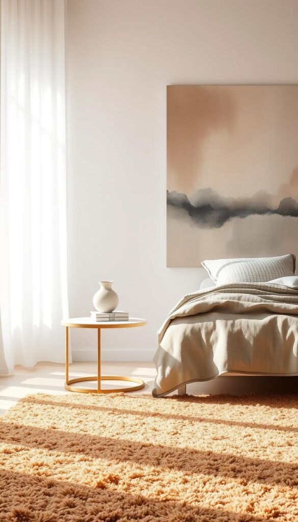 An elegantly curated room bathed in soft, natural light. The foreground features a plush, textured area rug in a warm, earthy hue, anchoring the space. The middle ground showcases a sleek, minimalist side table with a delicate ceramic vase and a stack of artfully arranged books in muted tones. The background reveals a wall adorned with a large, abstract canvas painting in shades of beige, gray, and taupe, creating a harmonious and calming atmosphere. The overall composition emphasizes the beauty of blending neutral tones and diverse textures, embodying the essence of a balanced and serene bedroom design.