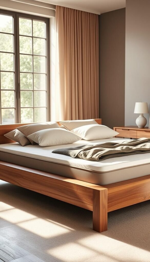 An elegantly designed bedroom foundation, bathed in warm, natural lighting from a large window. A sturdy, wooden bed frame stands as the centerpiece, its sleek lines and smooth finish exuding a sense of modern sophistication. Plush mattress toppers and pillows in neutral tones create a cozy, inviting atmosphere, while neatly arranged sheets and blankets add layers of texture and depth. In the background, a minimalist nightstand with a simple table lamp complements the overall aesthetic. The scene conveys a harmonious balance of form and function, perfectly capturing the essence of a well-crafted bed foundation setup.