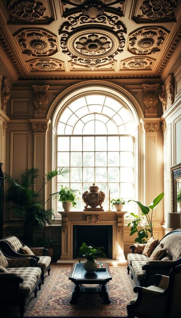 An elegantly detailed living room with classical architectural features. Ornate moldings and intricate ceiling medallions frame a grand arched window, casting warm, diffused light across the space. Antique furniture and plush textiles create a cozy, inviting ambiance. The room's focal point is a grand fireplace with an ornate mantelpiece adorned with carved details. Lush potted plants and subtle brass accents add depth and texture. The overall impression is one of refined sophistication and timeless style.