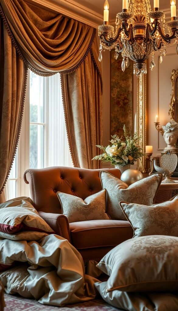 An elegantly layered arrangement of luxurious textiles in a sophisticated color palette. A plush, velvet armchair nestled among ornate brocade fabrics, fine linen draperies, and lustrous silk cushions. Soft, warm lighting casts a glowing ambiance, highlighting the intricate textures and patterns. In the background, a statement chandelier illuminates the sumptuous scene, creating a serene and cozy atmosphere worthy of a modern Victorian living room.