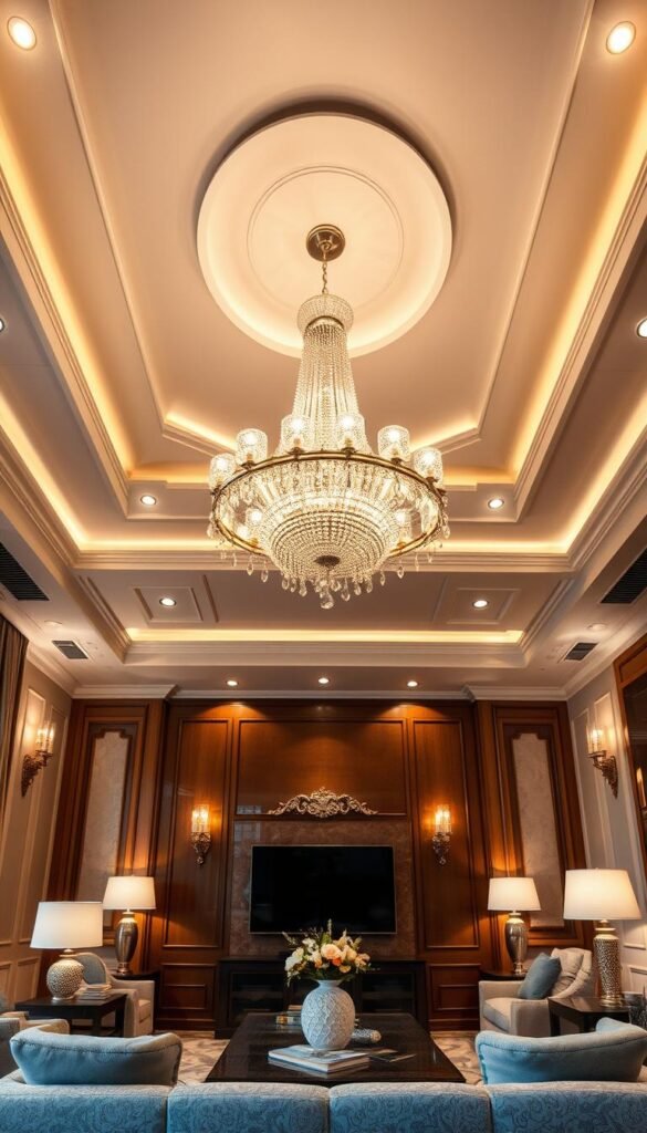 An elegantly layered lighting design, featuring a central statement chandelier casting a warm, inviting glow over a luxurious living room. Recessed ceiling fixtures provide soft ambient illumination, while strategically placed wall sconces and table lamps add depth and nuance to the space. The lighting seamlessly blends function and aesthetic, creating a dream-like atmosphere of cozy sophistication. Captured through a wide-angle lens, the room exudes a sense of depth and grandeur, with the lighting design as the star of the show.