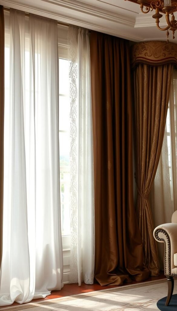 An exquisite arrangement of diverse luxury curtain designs, showcased in a grand living room setting. Elegant floor-to-ceiling panels in rich velvets, shimmering silks, and delicate lace adorning the windows, cascading with graceful folds. Sheer voile curtains in the foreground let in soft, diffused lighting, while opulent brocade and damask curtains in the midground add depth and texture. The background features ornate curtain rods, finials, and tiebacks, complementing the luxurious ambiance. Capture the essence of refined sophistication and timeless style that transforms this living space.