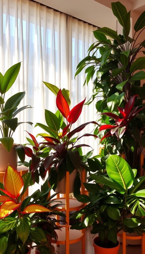 An indoor scene showcasing a lush, vibrant arrangement of tropical houseplants with large, colorful foliage. The plants are placed on natural wooden shelves or plant stands, creating a layered, visually interesting composition. Warm, soft lighting filters through sheer curtains, casting a gentle glow and highlighting the plants' varied hues of green, red, purple, and yellow. The overall atmosphere is one of tranquility and natural beauty, inviting the viewer to immerse themselves in this serene indoor oasis. An indoor scene showcasing a lush, vibrant arrangement of tropical houseplants with large, colorful foliage. The plants are placed on natural wooden shelves or plant stands, creating a layered, visually interesting composition. Warm, soft lighting filters through sheer curtains, casting a gentle glow and highlighting the plants' varied hues of green, red, purple, and yellow. The overall atmosphere is one of tranquility and natural beauty, inviting the viewer to immerse themselves in this serene indoor oasis.