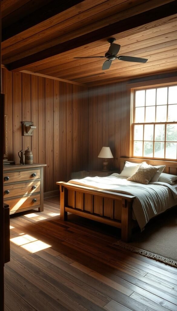 An intimate farmhouse bedroom awash in natural light, the walls and floors adorned with richly-grained wood paneling. A rustic wooden bed frame and dresser take center stage, complemented by cozy textiles in muted tones. Filtered sunlight streams in through a large window, casting a warm, inviting glow over the scene. The room exudes a sense of timeless simplicity and authentic charm, creating a serene and tranquil retreat.