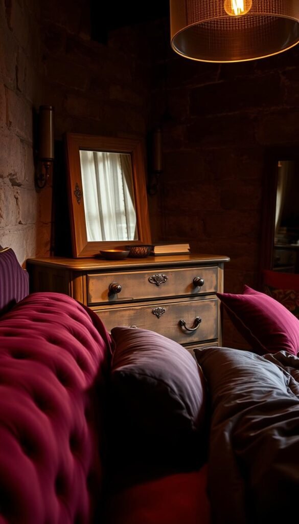 An intimate, moody bedroom bathed in warm, atmospheric lighting. The foreground features a plush, textured velvet headboard in a rich burgundy hue, complemented by layers of sumptuous bedding and pillows in complementary tones of burgundy, charcoal, and dusty rose. The middle ground showcases a weathered, distressed wood dresser with metallic hardware, alongside a weathered wood-framed mirror. The background reveals stone or brick walls, with hints of crumbling mortar and texture, creating a sense of age and depth. The overall scene evokes a cozy, luxurious, and slightly industrial aesthetic, perfect for an article on moody, textured bedroom design.