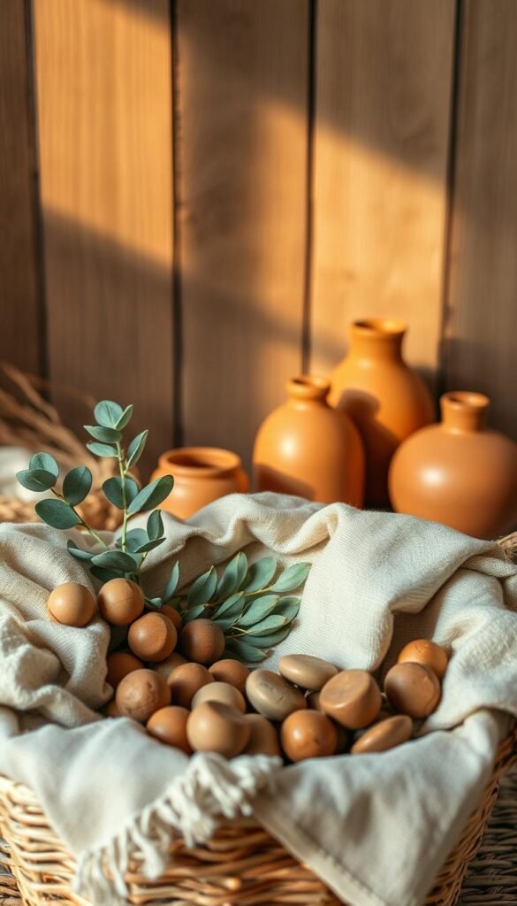 An intimate, warm-lit still life showcasing a curated arrangement of natural materials and organic textures. In the foreground, a woven basket overflows with a lush assortment of earthy elements - raw linen, hand-carved wooden beads, smooth river stones, and a sprig of fragrant eucalyptus. The middle ground features a collection of artfully arranged terracotta vessels, their matte surfaces reflecting the soft, golden illumination. In the background, a muted, textured backdrop of weathered oak planks provides a neutral, rustic canvas to highlight the natural beauty of the scene. The overall mood is one of refined simplicity, celebrating the inherent elegance of untreated, sustainable materials.